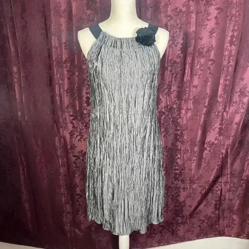 Vintage Silver Satin Crepe Shift Dress With Flower Metallic Women's Size 10